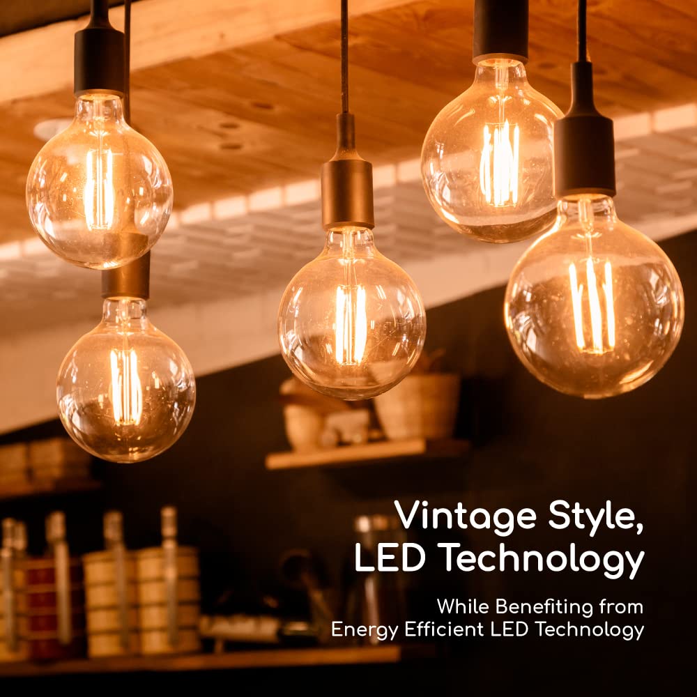 Euri Lighting VG25-3020ea, Dimmable LED G25 Globe Filament, 7W (75W Equal), Warm White (2200K), 600lm, 80CRI, 320° Beam, Amber, E26, 120V, Wet Rated