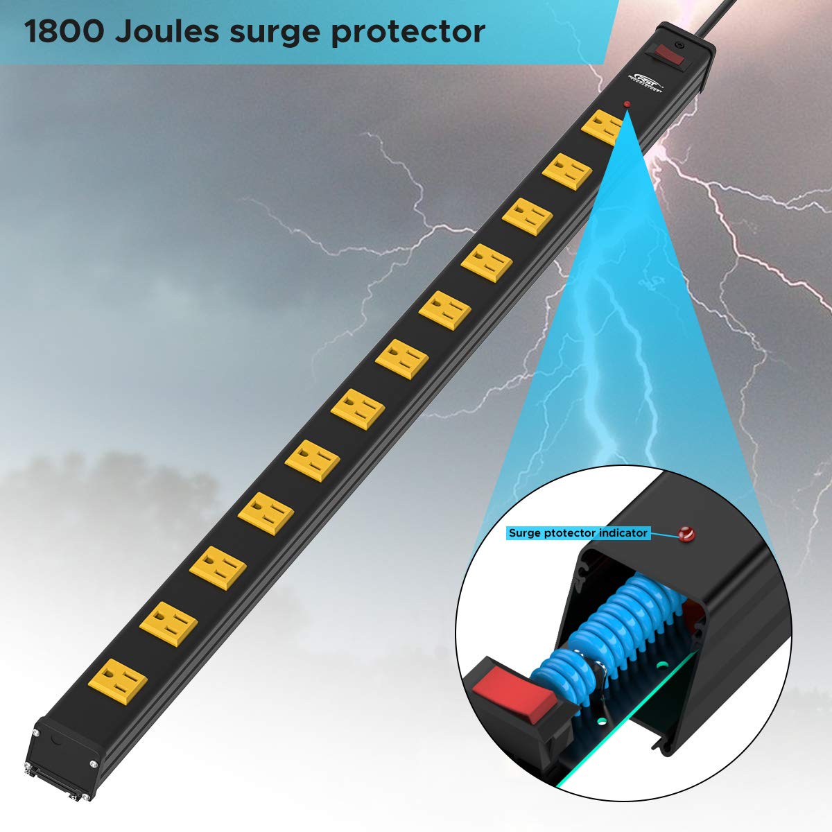 CRST 12-Outlet Metal Long Power Strip, Heavy Duty 1800 Joule Surge Protector Wall Mount Power Strip, 6FT Wide Spaced Workshop Garage Industrial Power