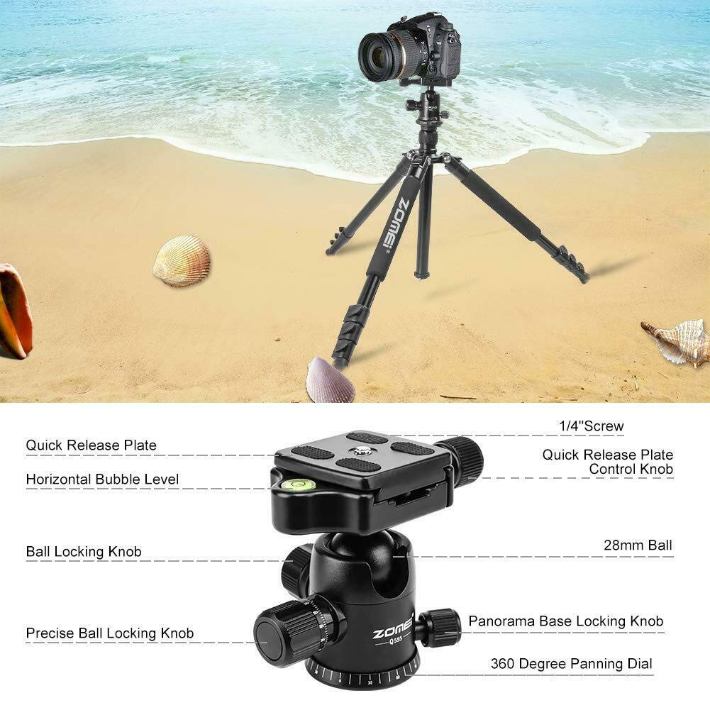 Zomei Q555 62.5'' Camera Tripod,Lightweight and Compact Aluminum Portable Travel Tripod with 360 Degree Ball Head for Vlog Nikon Canon Sony All DSLR