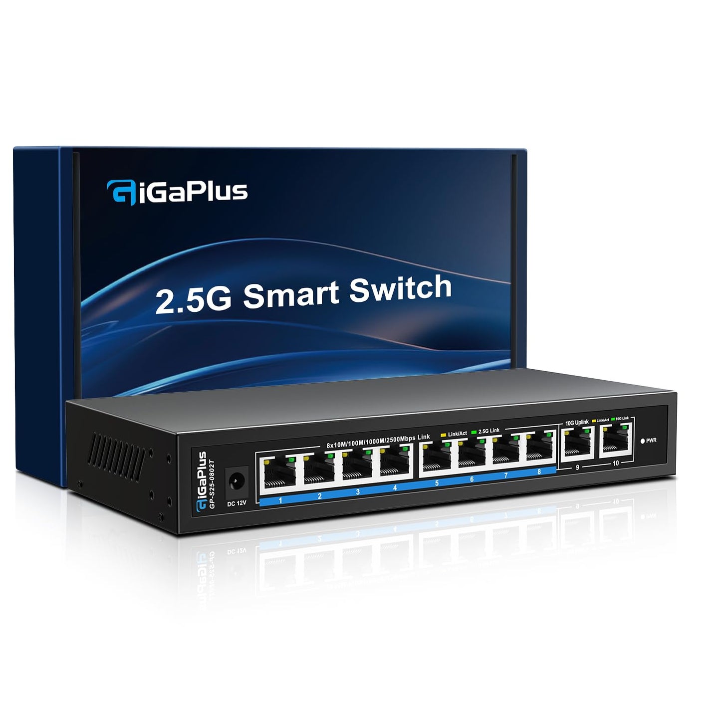 10 Ports 10Gb Unmanaged Ethernet Switch with 8*2.5G Base-T Ports, 2*10G RJ45 Ports. 80Gbps Switching Capacity, GiGaPlus 10Gbps Network Switch
