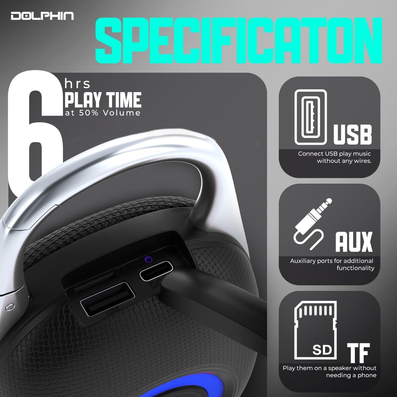 Dolphin Waterproof Clip-On Bluetooth Speaker - Portable & Rechargeable, Perfect for Hiking, Travel, Beach, Pool, and Outdoor Adventures (Black)