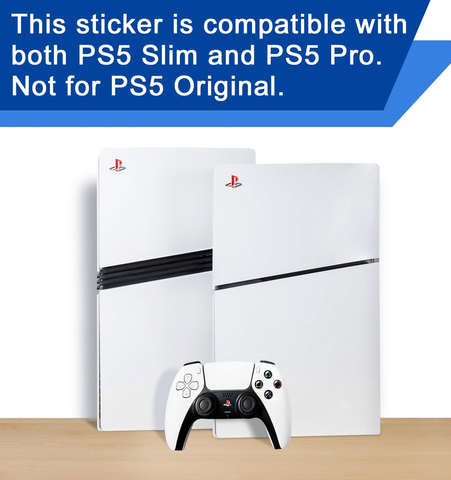 Logo Underlay Sticker for PS5 Slim for PS5 Pro Console, 2 Packs & PS Logo Vinyl Decal Sticker for DualSense Controller (Classic Retro-Look Color) 1