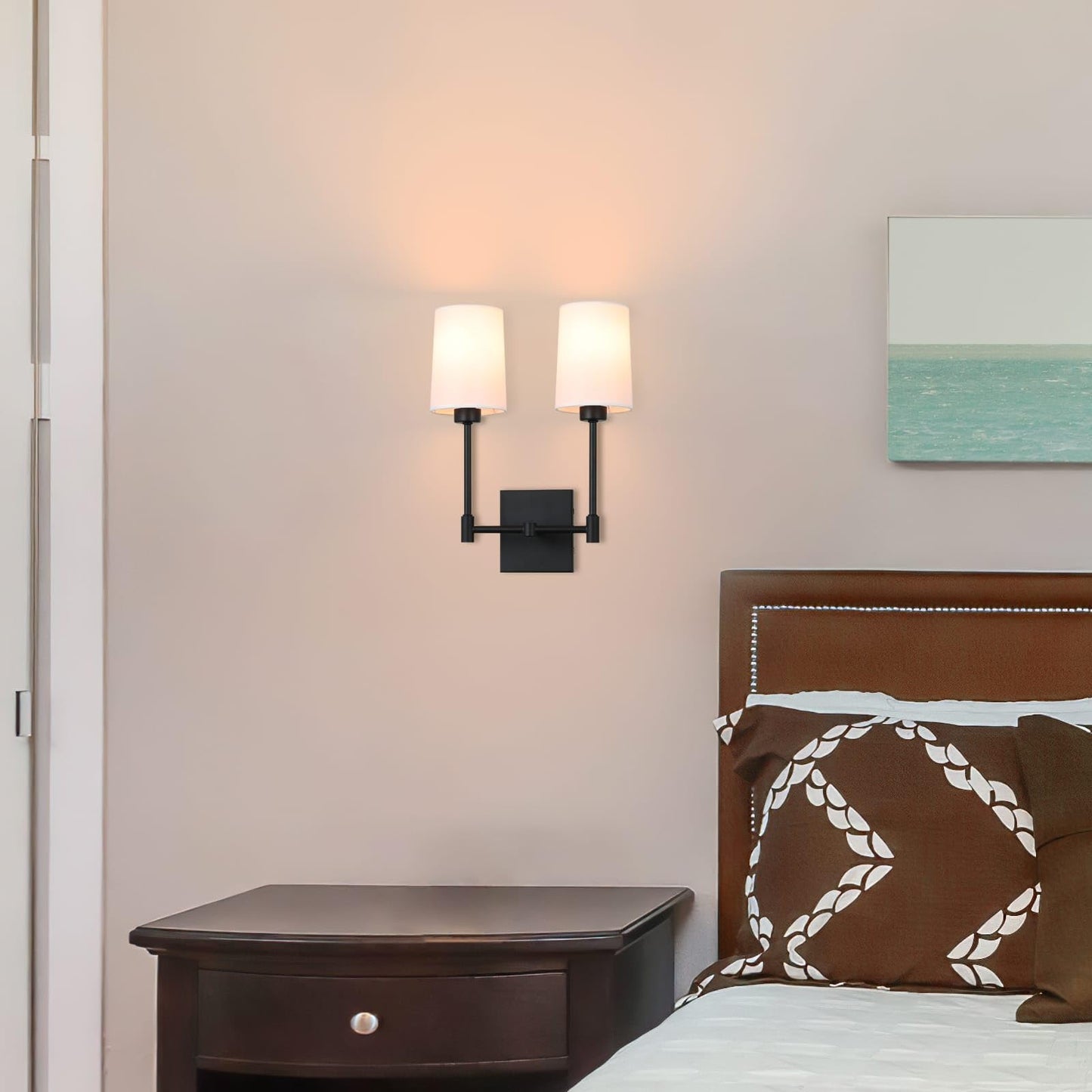 XiNBEi Lighting Wall Lamp, 2 Light Black Bedroom Wall Light with Fabric Shade for Bedside & Living Room XB-W1215-2-MB