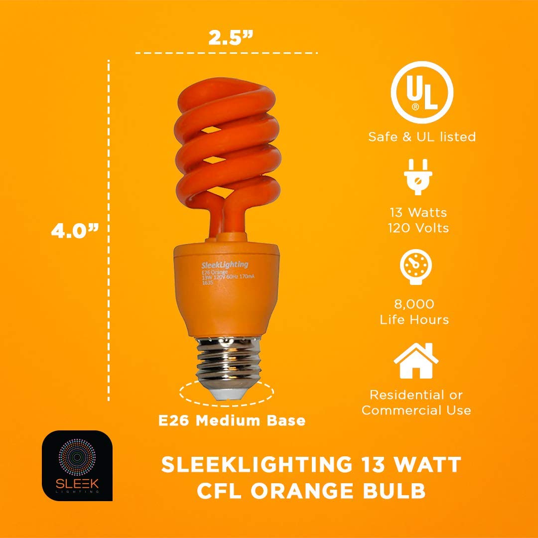 SLEEKLIGHTING 13 Watt Orange Spiral CFL Light Bulb - UL Approved- General Purpose Spiral CFL Orange Light Bulbs - 120 Volt, E26 Medium Base. (Pack