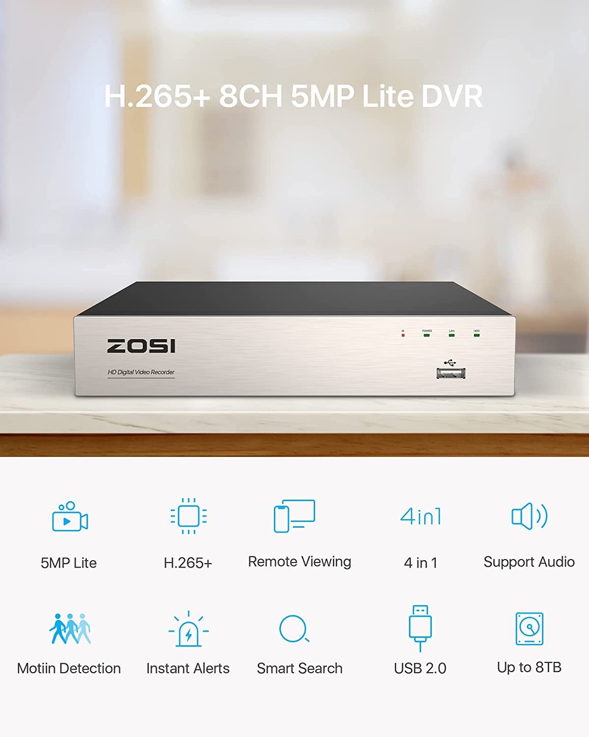 ZOSI 8CH Security Camera System HD-TVI Full 1080P Video DVR Recorder with 4X HD 1920TVL 1080P Indoor Outdoor CCTV Cameras 1TB Hard Drive, Smartphone