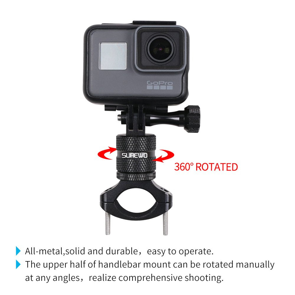 SUREWO Bike Mount for Action Cameras, Aluminum Handlebar Mount Compatible with GoPro Hero 13/12/11/10/9/8/7/6/5 Black, GoPro Max, DJI Osmo Action