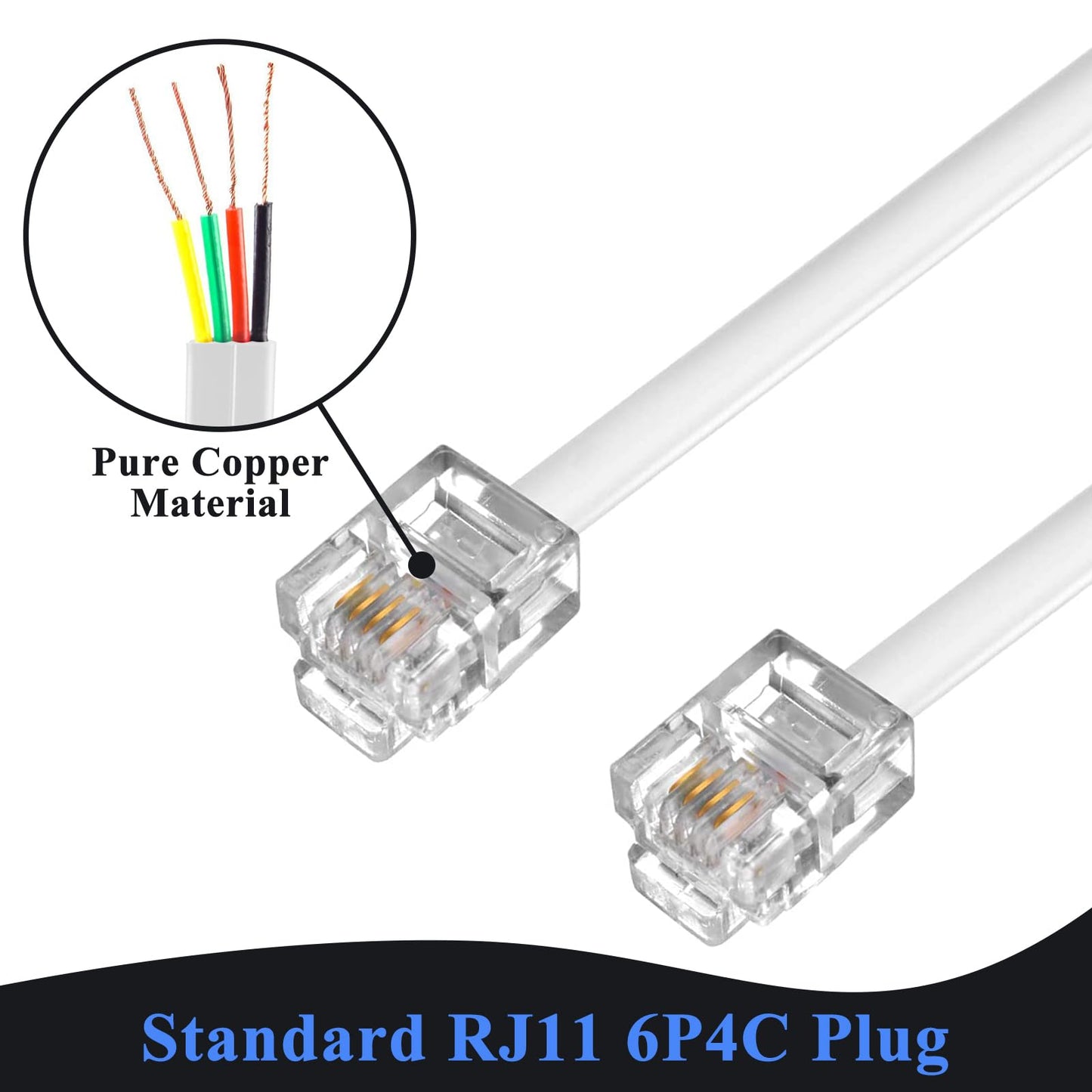 KINXIYU Phone Cord 50FT, Landline Telephone Cable with RJ11 Plug, Includes Telephone Inline Coupler RJ11 Splitter and 20pcs Cable Clips(White)