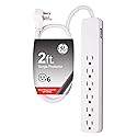 GE UltraPro 6 Outlet Surge Protector, 2 Ft Designer Braided Extension Cord, Flat Plug, Wall Mount, White, 45264