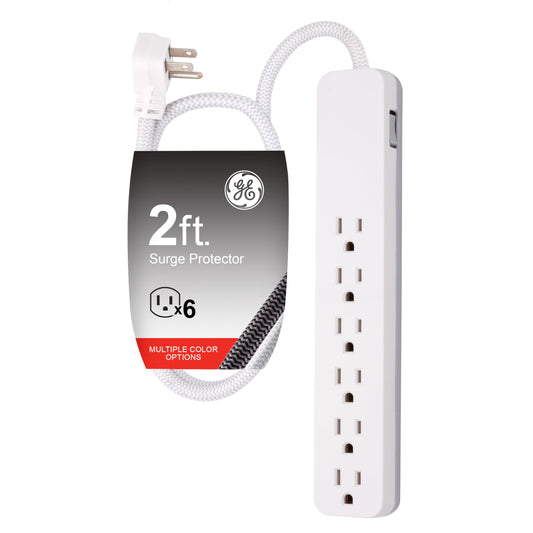 GE UltraPro 6 Outlet Surge Protector, 2 Ft Designer Braided Extension Cord, Flat Plug, Wall Mount, White, 45264