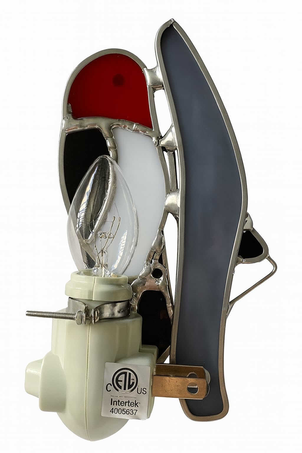 Red-Headed Woodpecker Stained Glass Night Light - Made from Real Stained Glass and Plated with a Silver Finish for Strength and Beauty