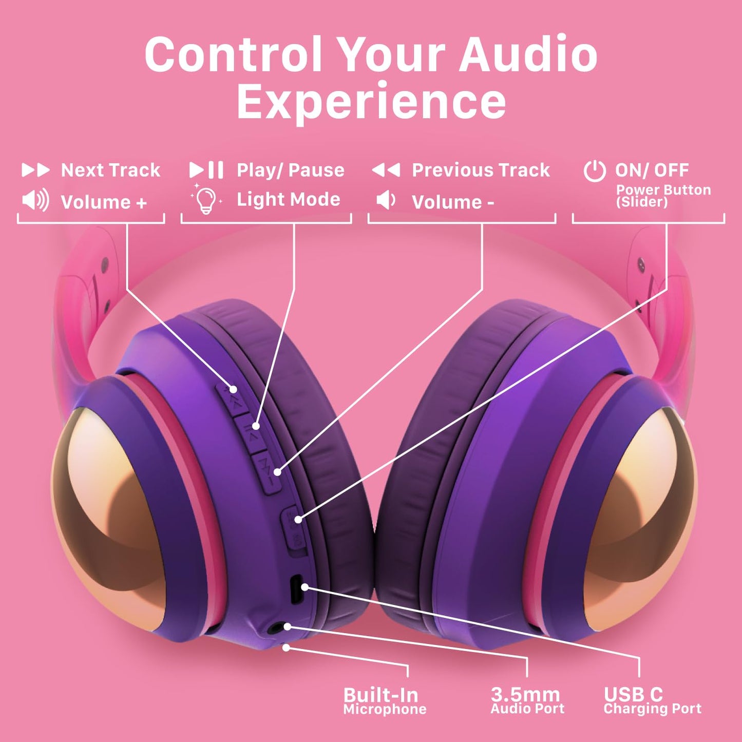 FosPower Kids Bluetooth 5.2 Headphones with LED Cat Ears (85/94dB Safe Volume Limit) Foldable Wireless or Wired Headset with 100hr Play Time…
