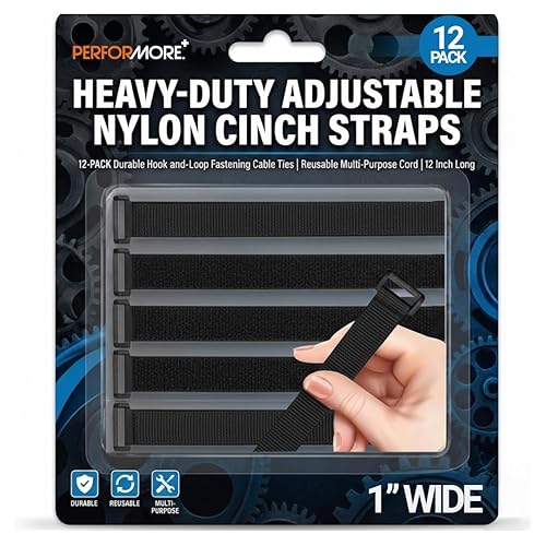 Performore Heavy-Duty Adjustable Nylon Cinch Straps | 12-Pack Durable Hook-and-Loop Fastening Cable Ties | Reusable Multi-Purpose Cord Bundlers |