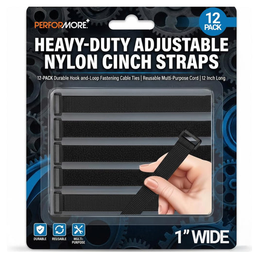 Performore Heavy-Duty Adjustable Nylon Cinch Straps | 12-Pack Durable Hook-and-Loop Fastening Cable Ties | Reusable Multi-Purpose Cord Bundlers |