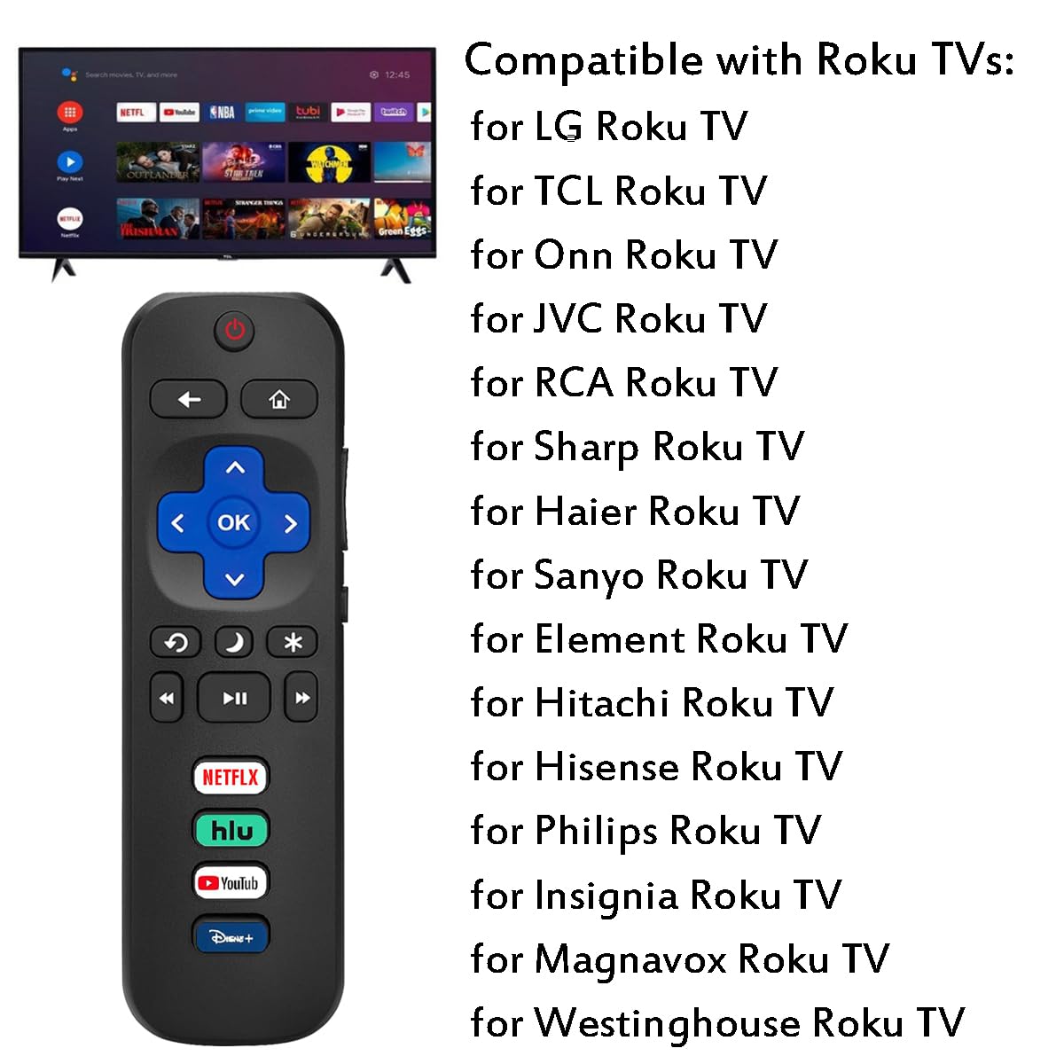 2 Pack Replacement Remote Compatible for Roku TV, Universal Remote Control Fit for TCL/Hisense/Insignia/JVC/Onn/Philips/RCA/Sharp/Sanyo/Hitachi/LG/Magnavox RokuSmart TVs (Not for RokuStick or Box)