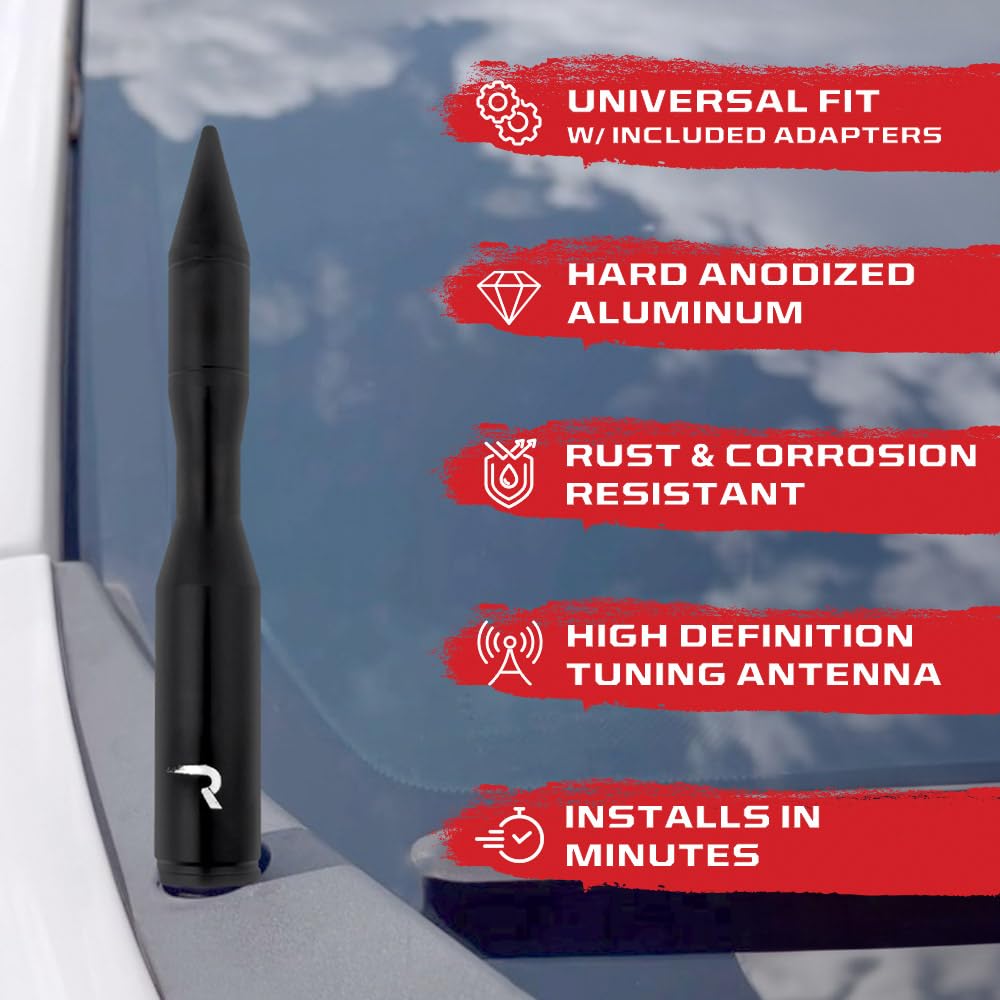 RECON - Rocket Shape Style Truck/SUV Aluminum Antenna 5" - Black (Fits OEM Factory Threaded Antennas)