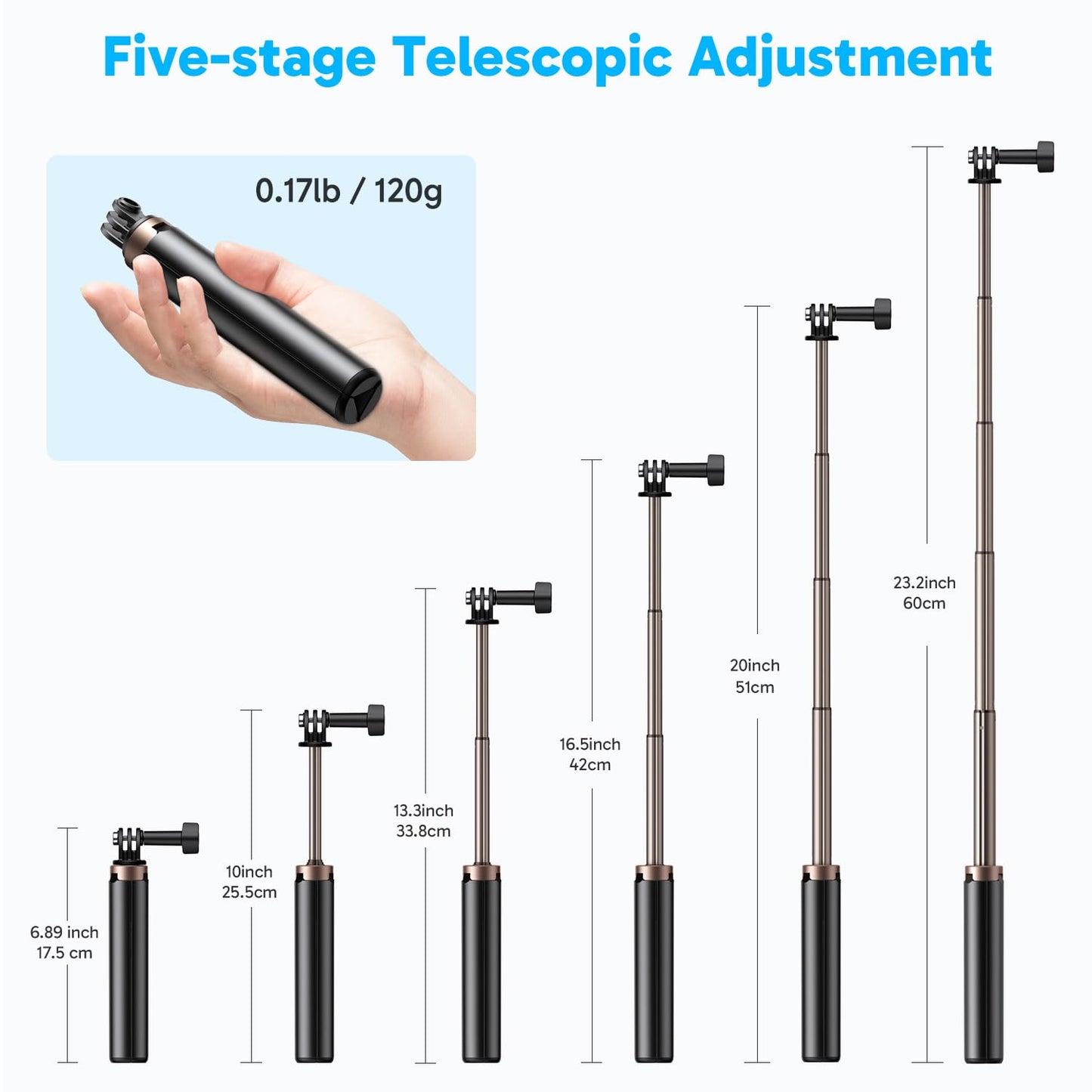 AKASO 60cm Selfie Stick Extendable Tripod Stand Compatible with AKASO, SJCAM, GoPro Hero 13/12/11/10/9/8/7/Max, DJI Osmo Action 5/4/3, and Other