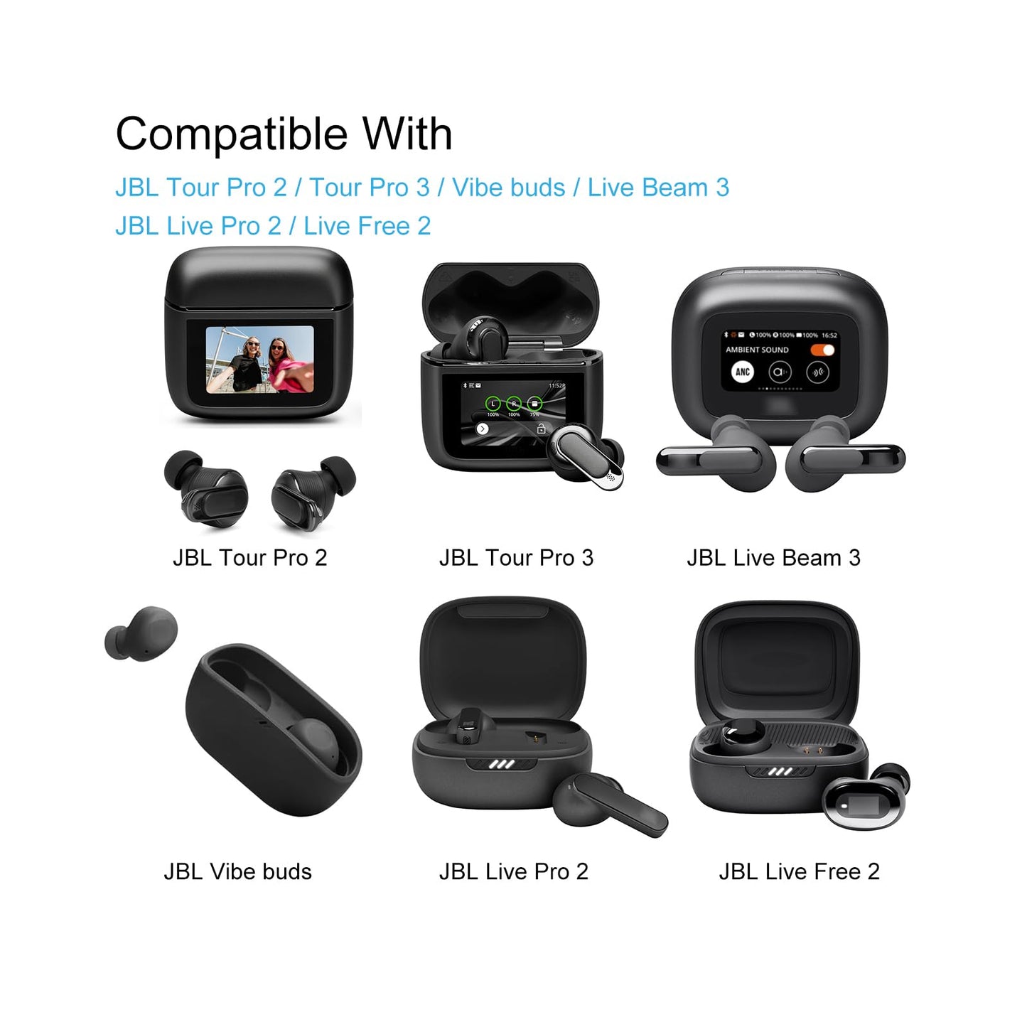 Replacement Ear Tips for JBL Vibe Buds/Tour Pro 2 / Tour Pro 3 Earbuds, Memory Foam Tips Compatible with JBL Live Pro 2 / Live Free 2 Earbuds, 3 Pairs