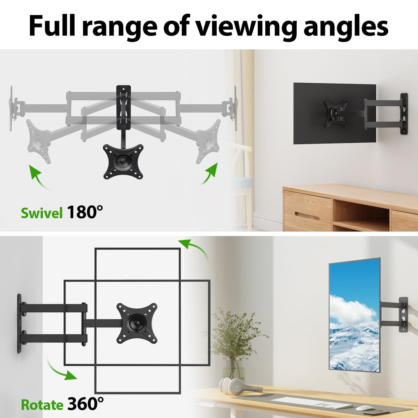 USX MOUNT Full Motion TV Wall Mount - Universal Single Stud Corner Bracket for 13-32 inch TVs, Monitor Wall Mount for LCD Monitor Swivel Tilt Rotation