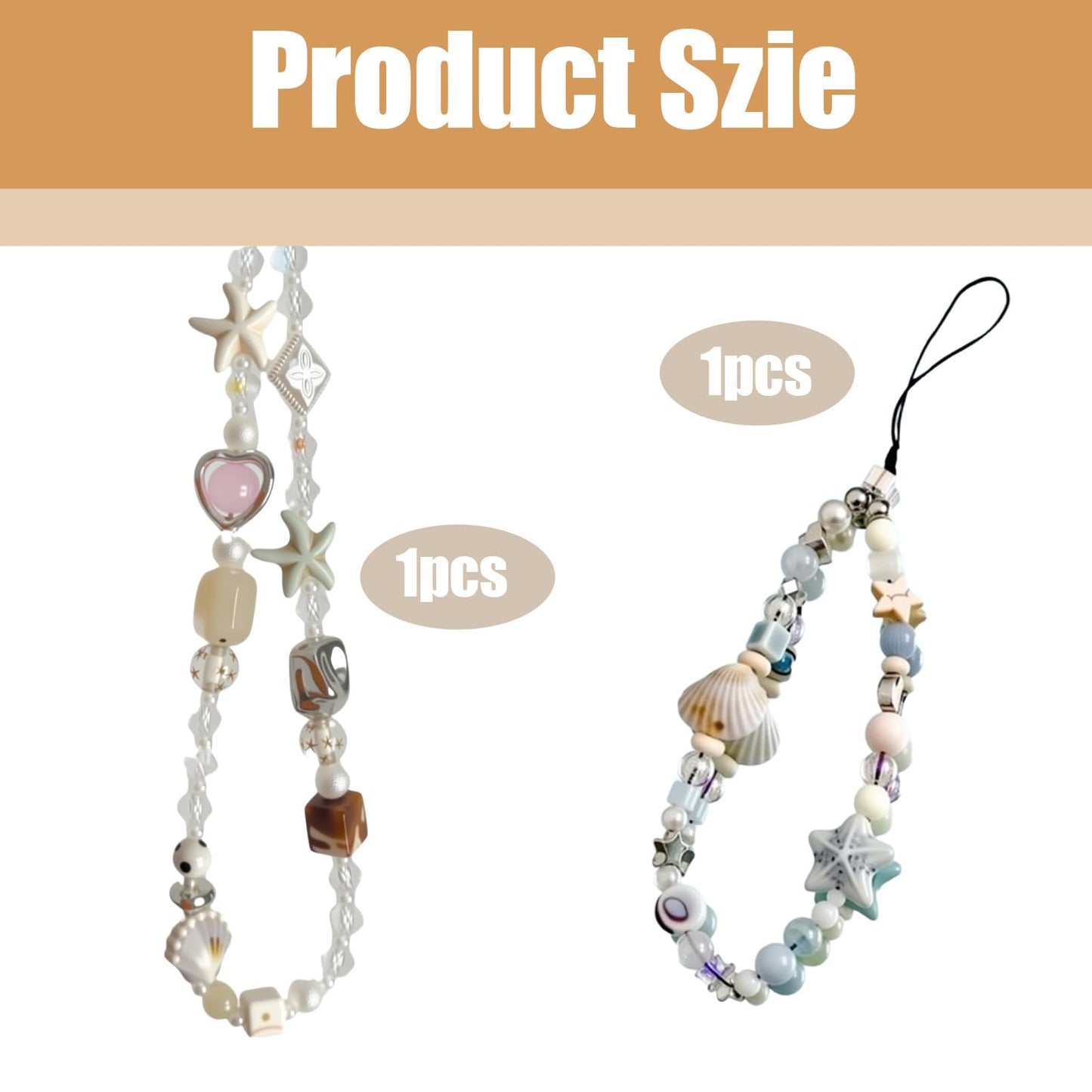 Hujnagh 2 Pcs Phone Charm Strap, Beach Style Beaded Lanyard for Phone Camera Wrist Strap, Starfish Heart and Shell Starfish Design, Cute Wrist Charm