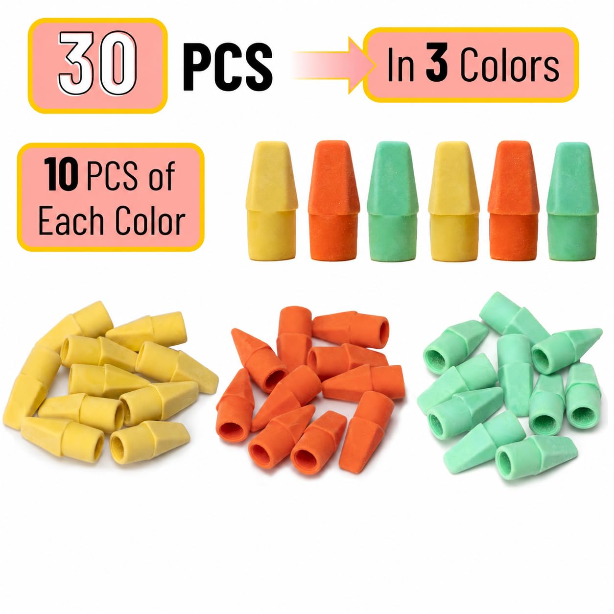 Mr. Pen- Pencil Erasers Toppers, 30 Pack, Colorful