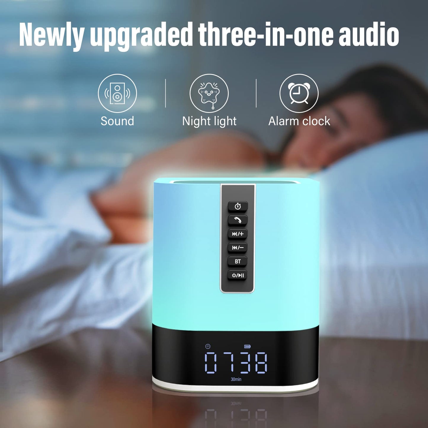 Night Light Bluetooth Speaker, HD Stereo Sound, Bedroom Alarm Clock Wireless Bluetooth Speakers, Multicolor Changing Bedside Lamp for Kids, MP3 Music