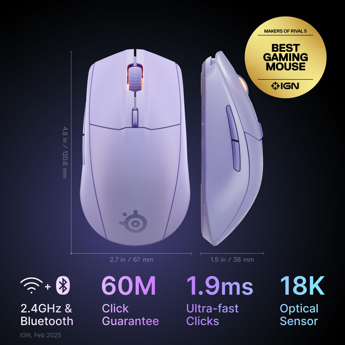 SteelSeries Rival 3 Wireless Gen 2 Gaming Mouse - 2.4GHz and Bluetooth - 18000 DPI TrueMove Air Optical Sensor - 60 Million Click Durability