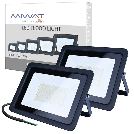 MIHEAL 2 Pack 100W LED Flood Light, Cool White, IP68 Waterproof Super Bright Work Light, 110V, Outdoor Floodlight for Yard, Garden, Garage, Lawn