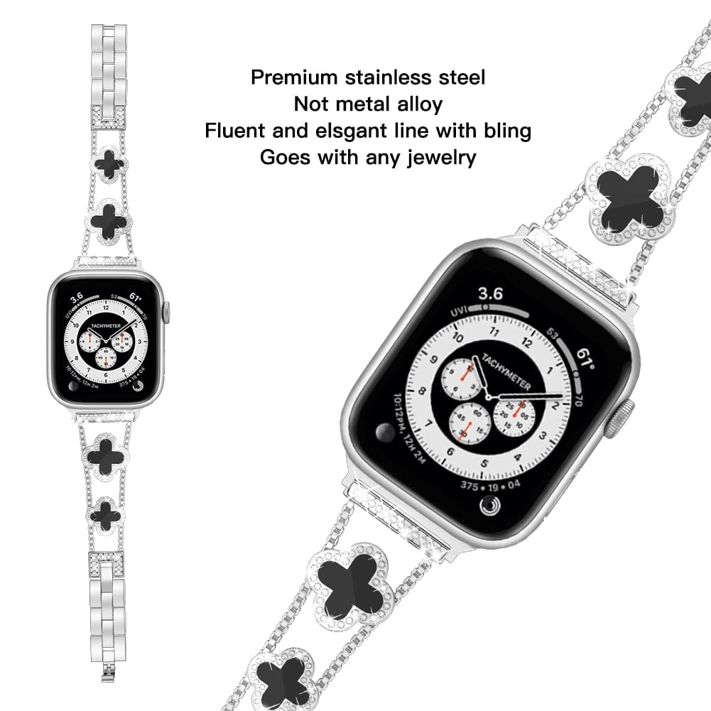 Musk MSKR Clover Silver Black Women's Band Compatible with Apple Watch 38mm 40mm 41mm 42mm (S10) Adjustable Metal Bracelet Breathable Jewelry Strap