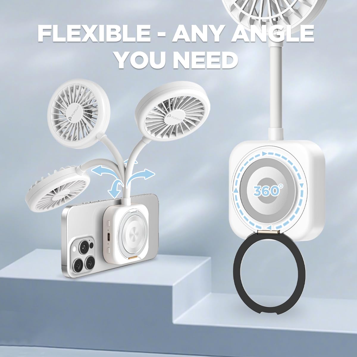 Pursuit Magnetic Phone Fan with Ring Light, Magsafe Compatible Phone Stand and Mini Fan for iPhone 17/16 Pro, 3-in-1 Portable LED Selfie Light Kit