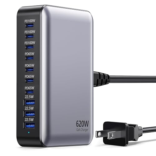 USB C Charger, 620W GaN Charging Station Hub Brick, 10 Port Fast Charger Block, USB C Power Adapter Plug for Samsung/iPhone/Google, PD100W+65W Laptop