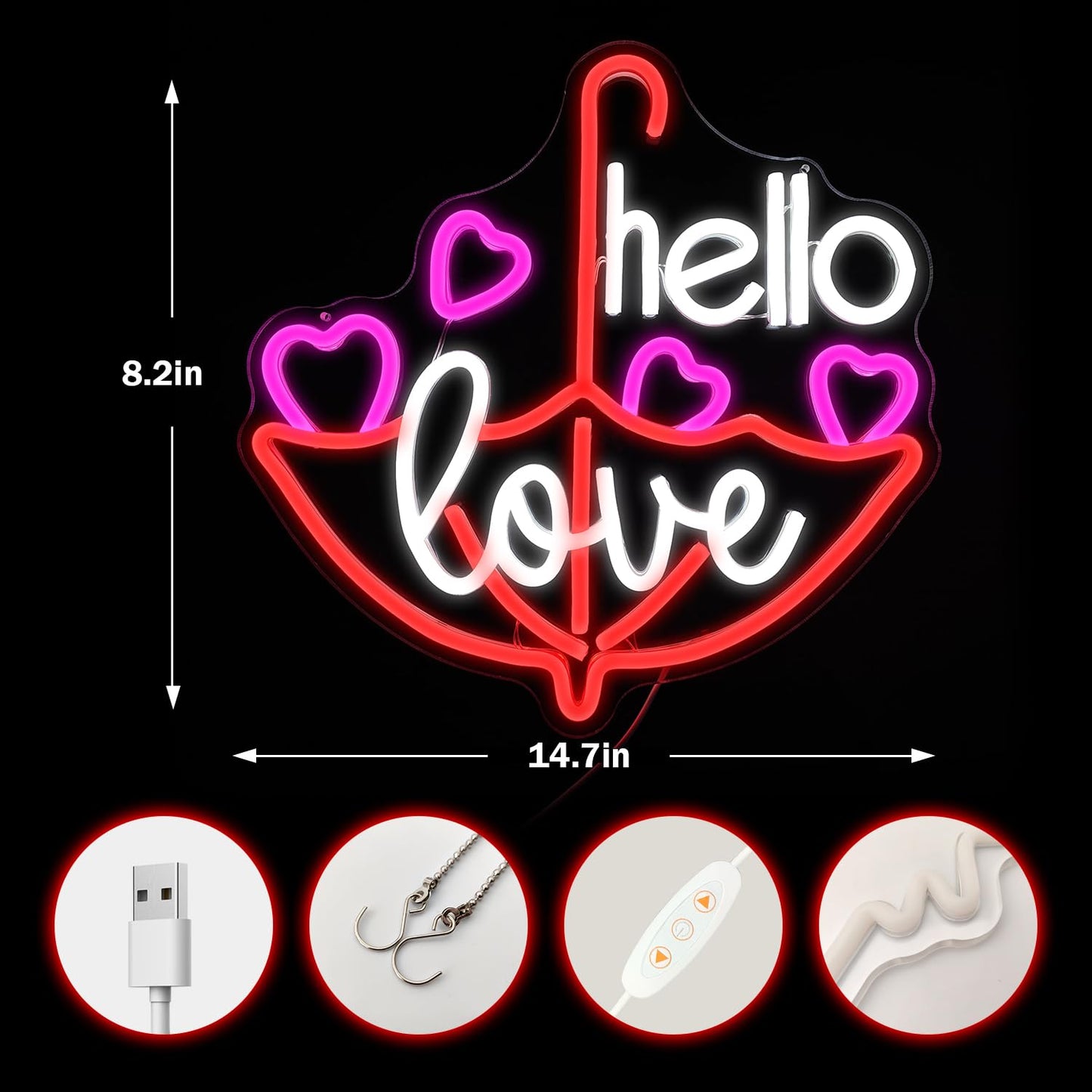 Valentine'S Day Neon Sign Dimmable Led Neon Light Hello Love led Sign for Wall Decor Heart Neon Sign for Bedroom Bar Living Room Party Valentine's Day