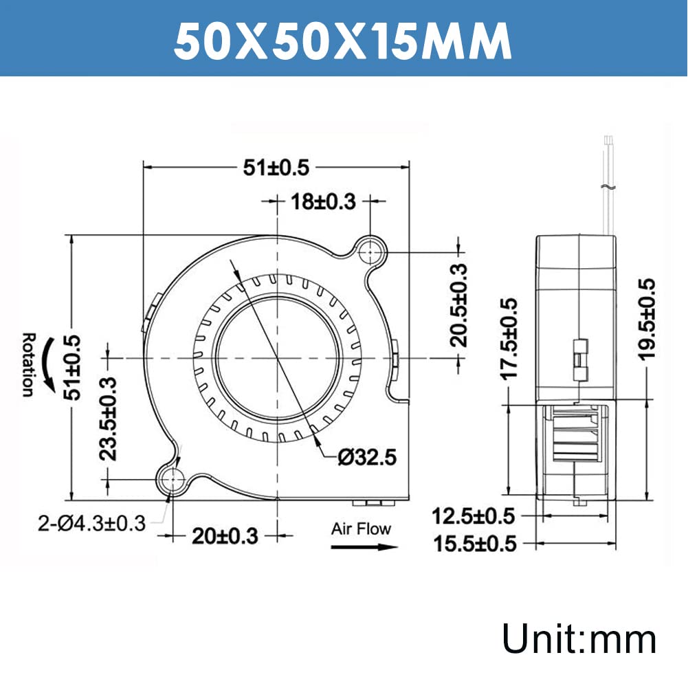 WINSINN 50mm 5015 Blower Fan 12V, 3D Printer 12 Volt Fans Blower Turbine Turbo Dual Ball Bearing, Brushless Cooling 50mmx15mm 2PIN (Pack of 4Pcs)