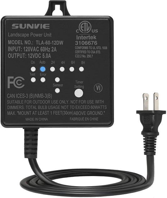 SUNVIE Low Voltage Transformer 60W Landscape Lighting Transformer with Timer and Photocell Sensor 120V AC to 12V DC Waterproof for Outdoor LED
