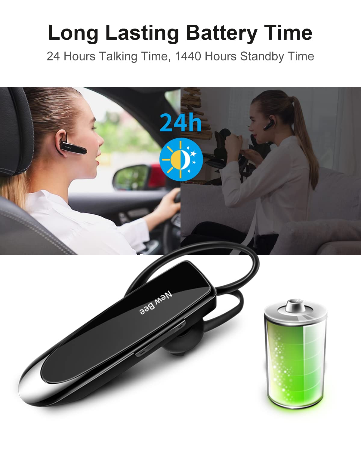 New Bee Bluetooth Earpiece V5.0 Wireless Handsfree Headset with Microphone 24 Hrs Driving Headset 60 Days Standby Time for iPhone Android Samsung