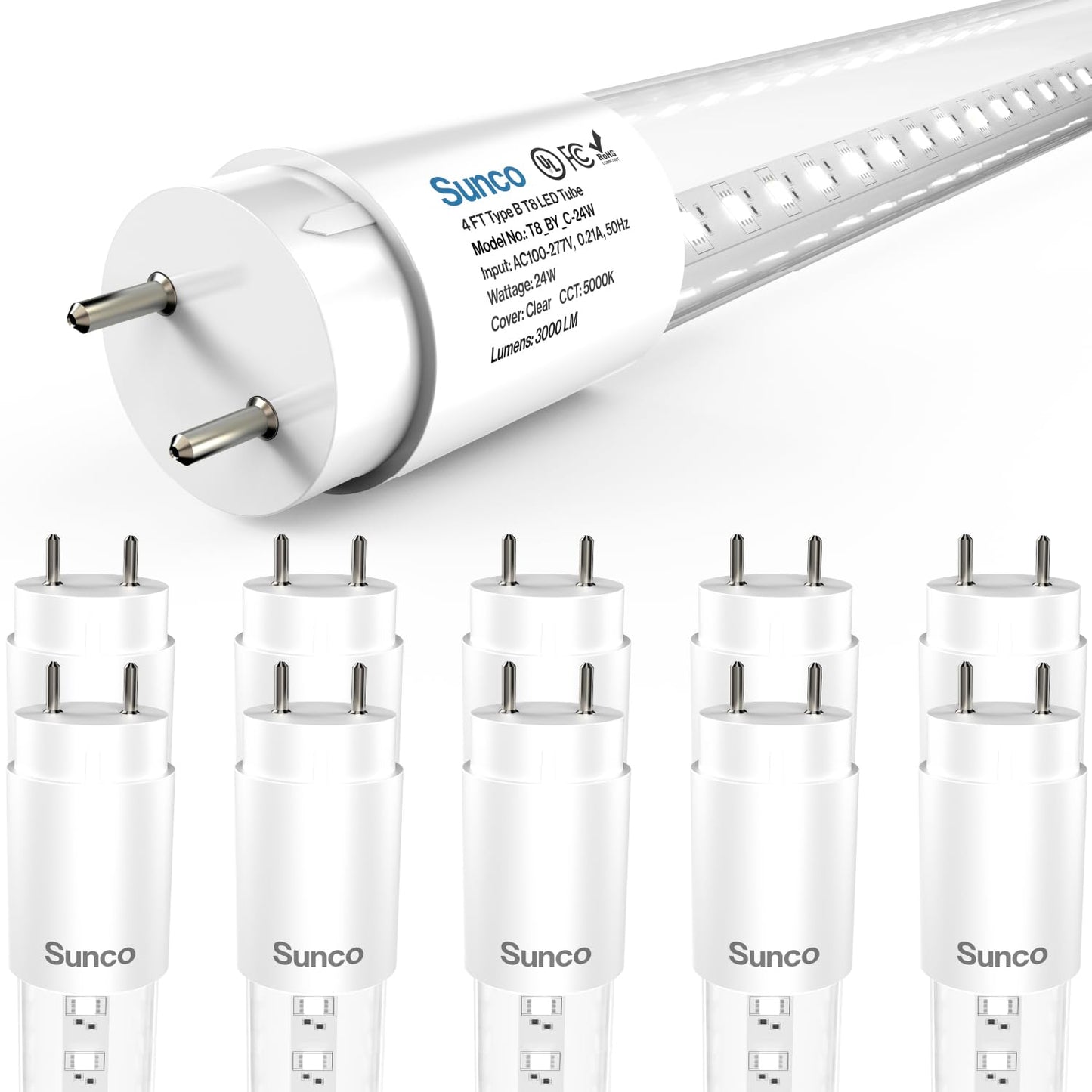 Sunco 10 Pack 4 Foot T8 LED Tube Light Bulbs, 24W, 5000K, Ballast Bypass