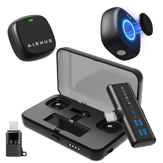 AIRHUG Wireless Lavalier Microphone for iPhone/Android/PC, 60H Battery, 48KHz 24Bit, Plug-Play Lightning/USB-C, 3 Recording Modes, AI Noise