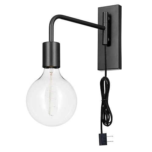 Globe Electric x Novogratz 51370 1-Light Plug-in Wall Sconce, Matte Black, 6-Foot Cloth Cord, Modern Art Deco Lighting for Apartments and Renters