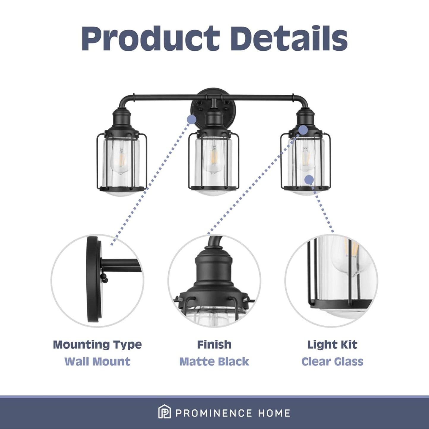 Prominence Home Lincoln Woods 3 Light Matte Black Industrial Bathroom Vanity Light with Cage and Clear Glass - 51545-01