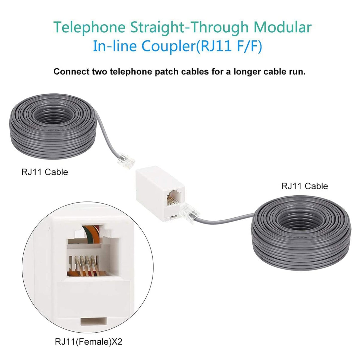 HAWAKA 2PC RJ11 6P4C Phone Line Coupler,Inline Couplers,Modular Female to Female Straight Telephone Extension Cable Cord Coupler Adapter Jack (White)