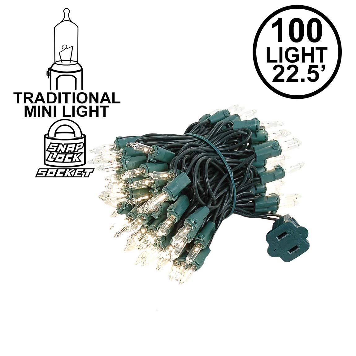 Novelty Lights 22 Feet 100 Bulbs Traditional Incandescent Mini Lights, Clear on Green Wire with 2.5" Spacing, Commercial Grade and UL Listed