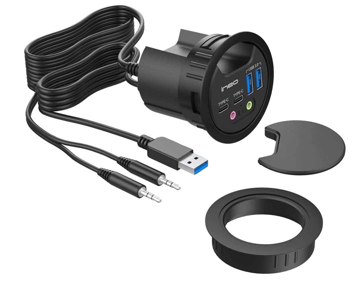 ineo Grommet Desk-Fit (Diameter 2.3" to 2.4") 2Type A + 2Type C with 3.5mm Audio Mic Jack + 3.2" Expandable case (Power is not Included)[THC06 - VI