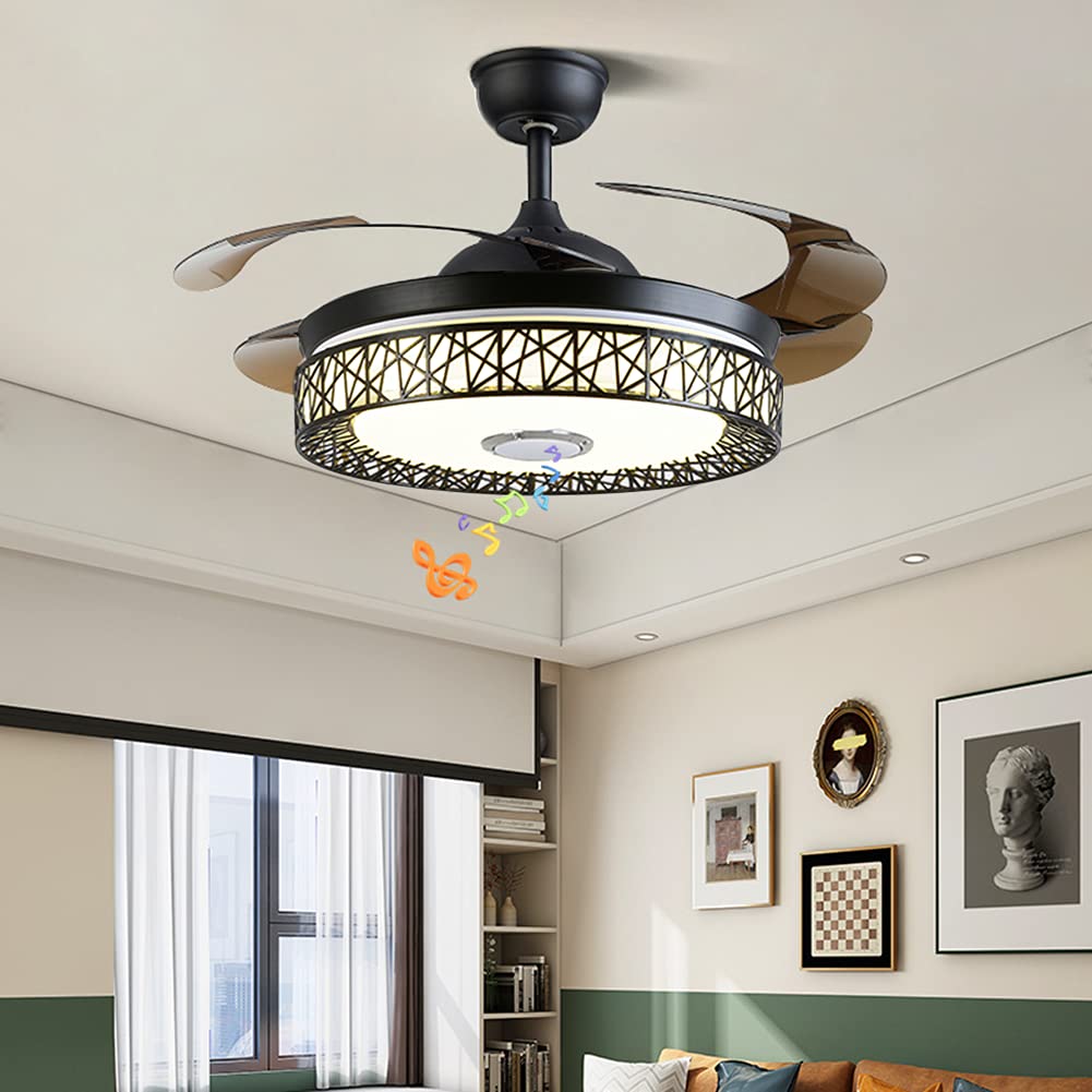 Fandian 42in Modern Smart Ceiling Fan with Lights Bluetooth Speaker Chandelier Lighting Fixtures, Remote Control, Retractable Blades, 3 Light Colors