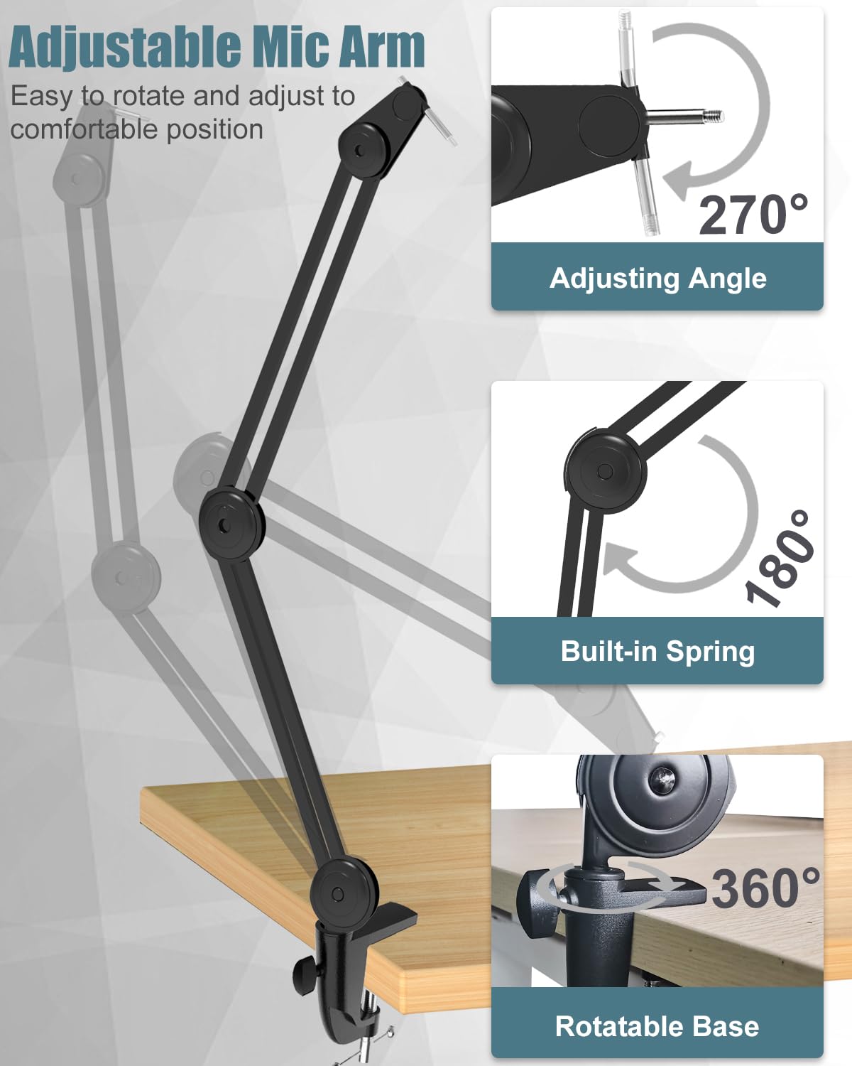 Boseen Microphone Boom Arm Stand for Blue Yeti with Shock Mount Foam Cover, Heavy Duty Boom Scissor Arm Stand for Blue Yeti, Broadcasting and