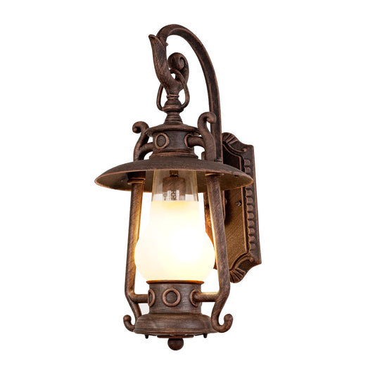 GZBtech Large Rustic Lantern Wall Sconce Outdoor, Vintage Rust Color Exterior Sconce Light, 110V Waterproof Kerosene Wall Mounted Lighting Fixture