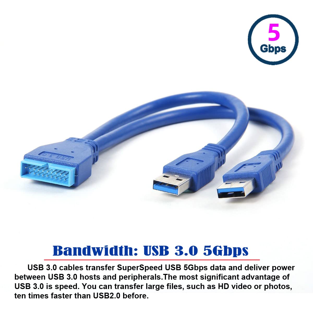 JSER Dual Port USB 3.0 A Male to 20 Pin Male Motherboard Extension Cable Adapter 5Gbps