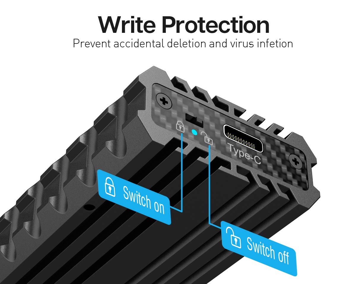 Ineo M.2 NVMe (PCIe) SSD USB10Gbps Type-C Rugged Militarized Enclosure with a Solid Metal Case and Built-in Write Protection Switch (Picatinny Rail