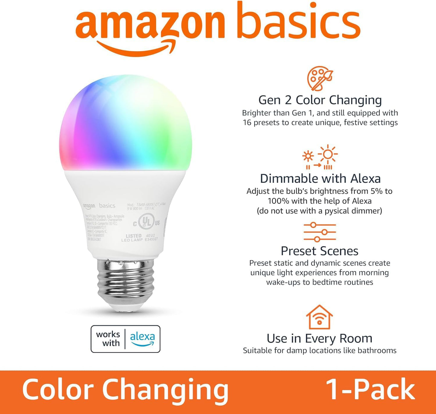 Amazon Basics Smart A19 LED Light Bulb, Color Changing, 9W (60W Equivalent), 800LM, Works with Alexa Only, WiFi 2.4 GHz, No Hub Required, Mood