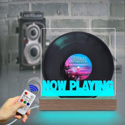 Now Playing Vinyl Record Stand Tabletop Light up Wooden Base Vinyl Holder Record Stand for Albums CD 7 Colors Change Night Light Creative Gifts
