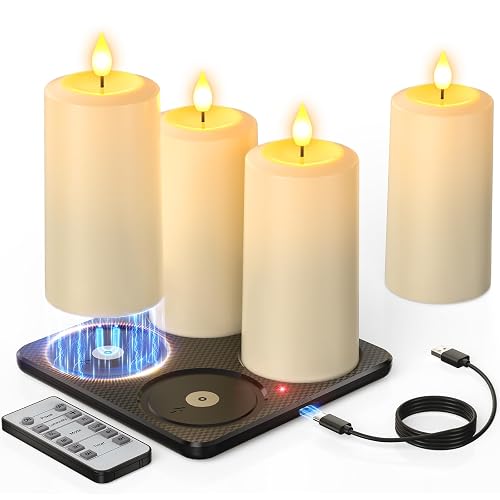 Yme Rechargeable Flameless Pillar Candles with Remote & Magnetic Charging Base, 4PCS Waterproof LED Flickering Candles with Timer for Indoor Outdoor