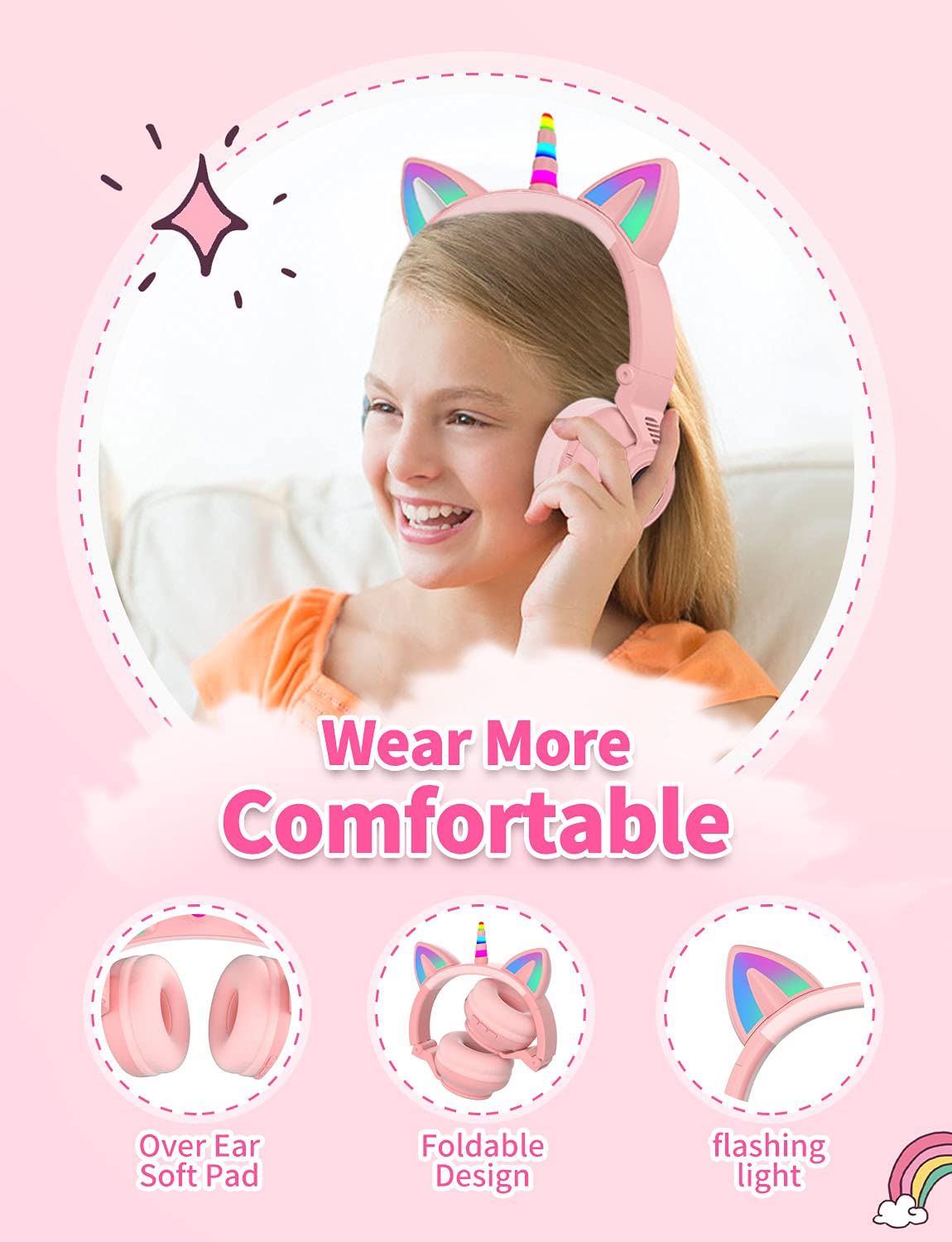 YUSONIC Unicorn Kids Headphones for Girls, Unicorn Bluetooth Headphones Foldable for Girls Toddlers Tablet/pad/Amazon fire,Light Up Kids Wireless…